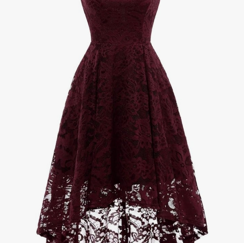 Maudress Elegant Floral Lace Crew Neck Hi-Lo Cocktail Dress. Maroon. NEVER WORN! - Picture 2 of 7